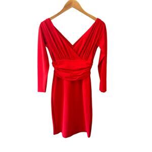 Chiara Boni La Petite Robe Red Pleated V-Neck Cocktail Sheath Dress US 8 / EU 44